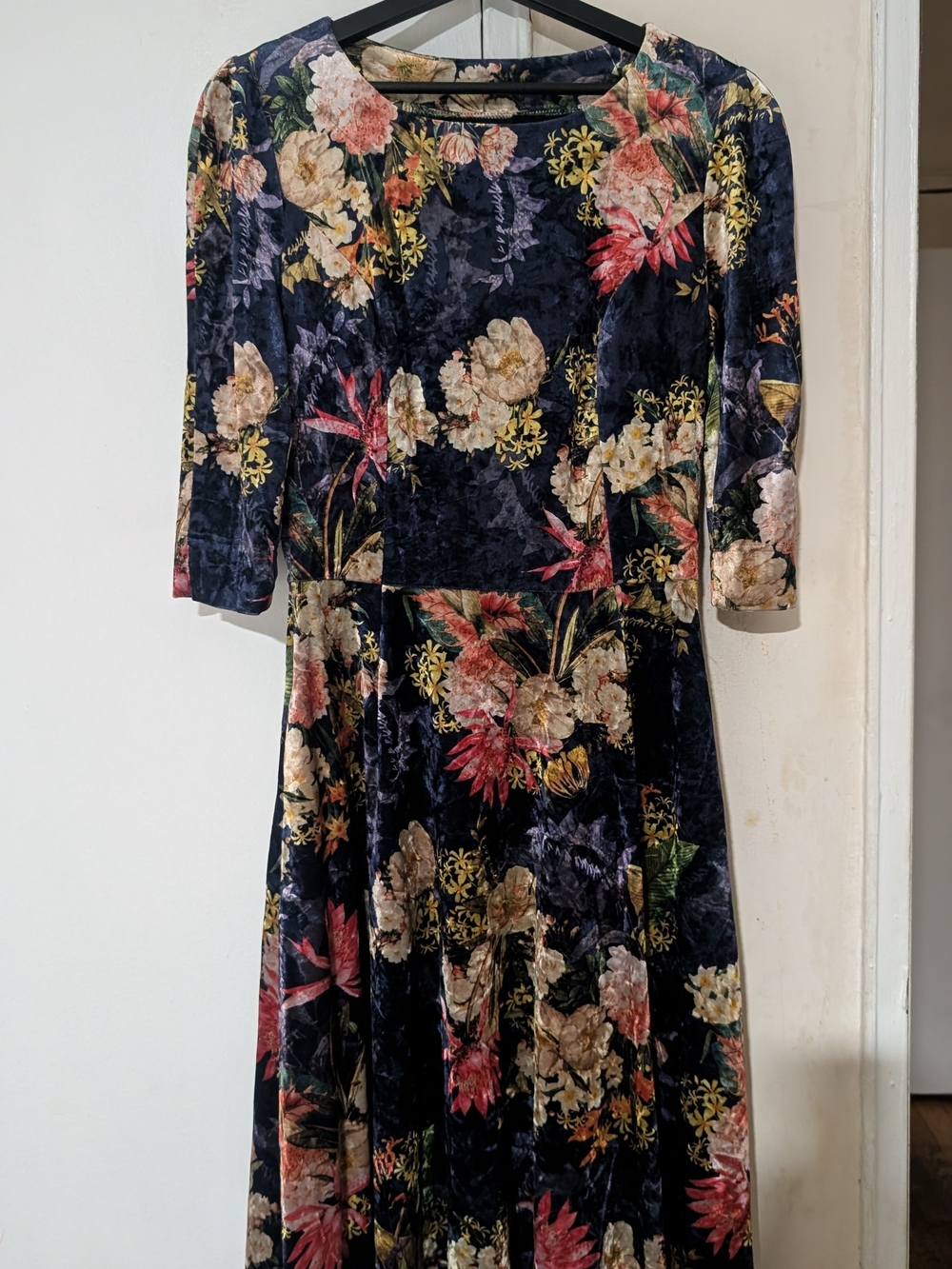 Floral Velvet Midi Dress - Navy with Multi-Color Bloom